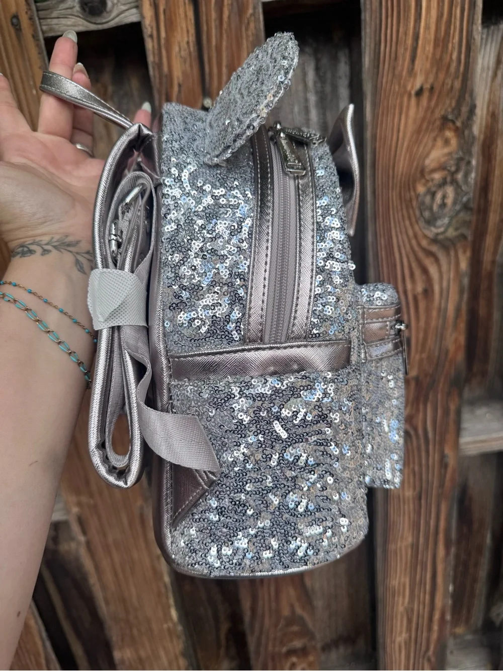 Loungefly Kids Silver Sequin Mini Backpack with Metallic Bow and Ears